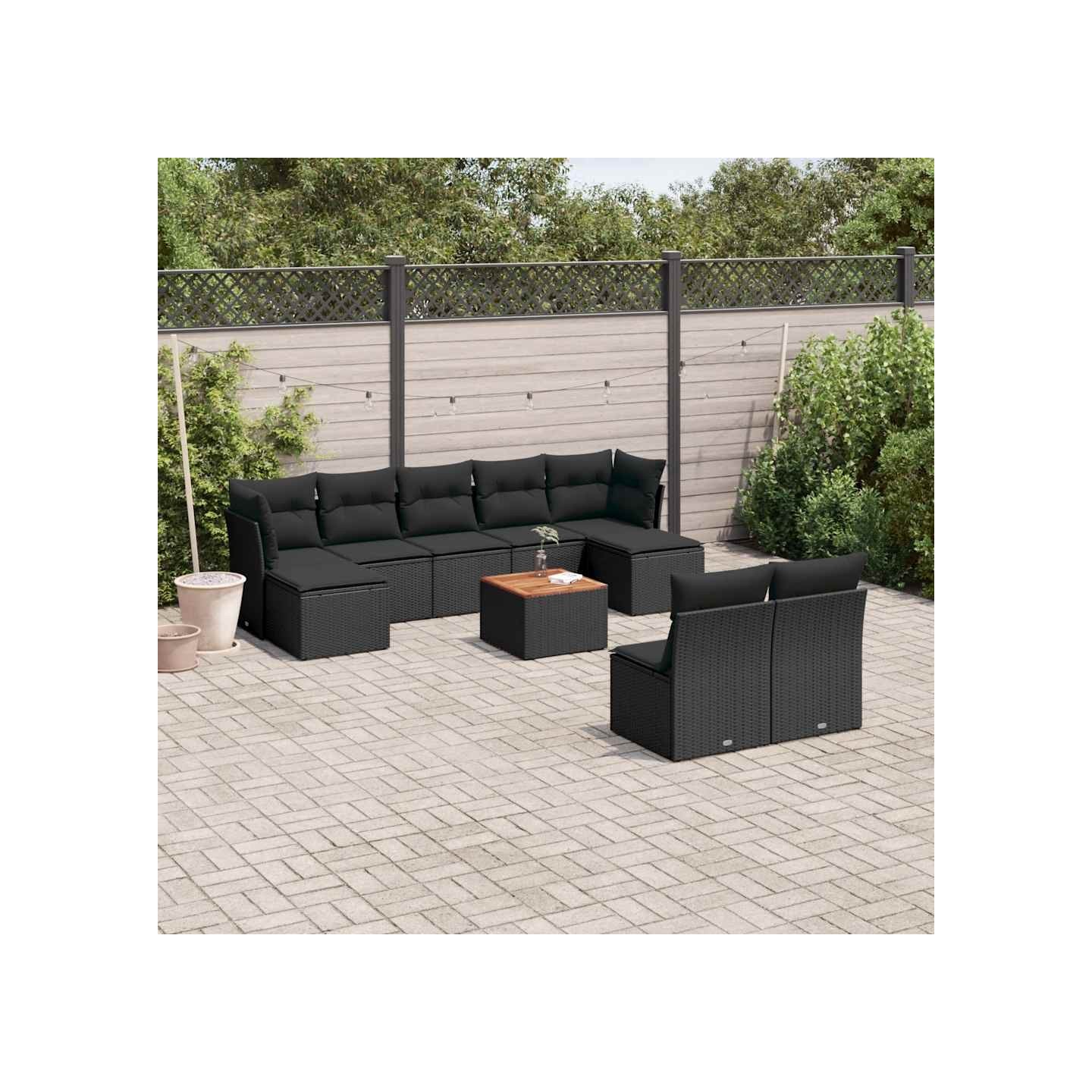Salon de jardin 10 pcs avec coussins noir résine tressée