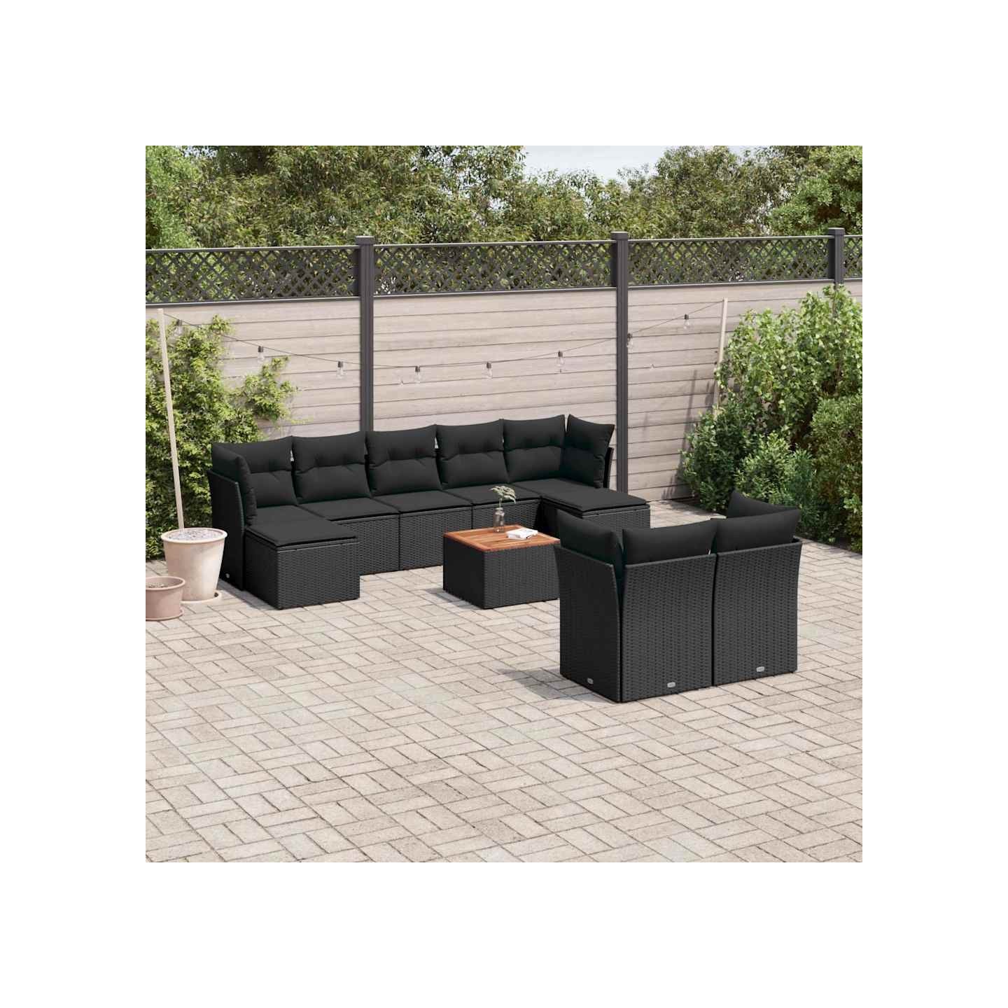 Salon de jardin 10 pcs avec coussins noir résine tressée