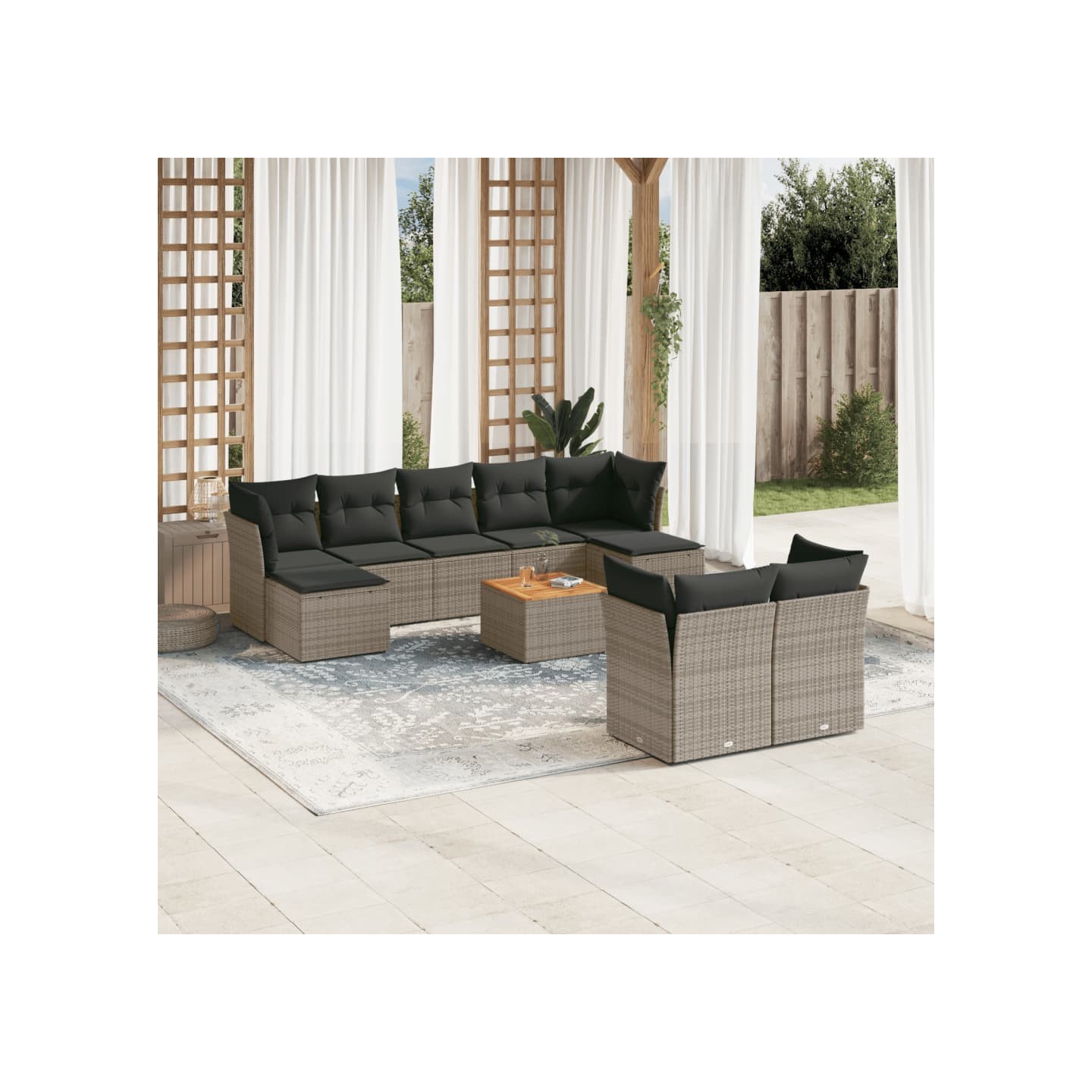 Salon de jardin avec coussins 10 pcs gris résine tressée