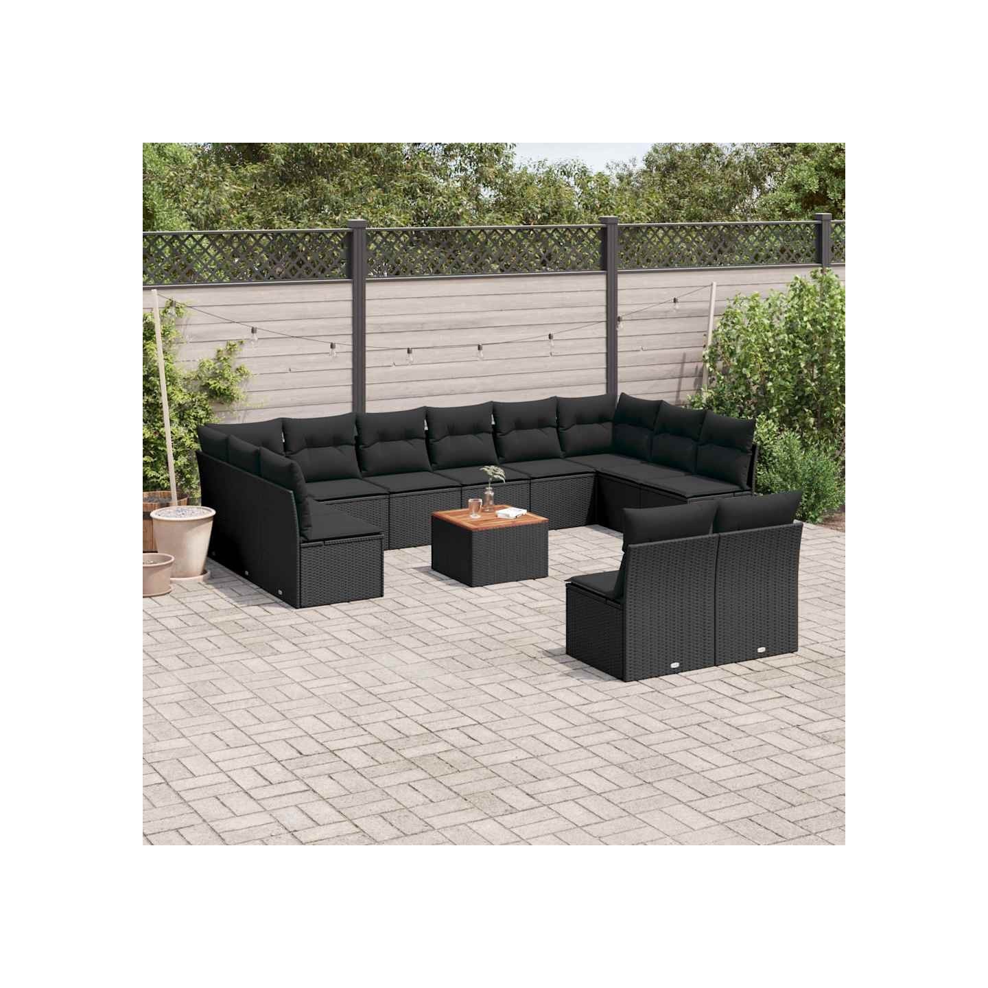 Salon de jardin avec coussins 13 pcs noir résine tressée