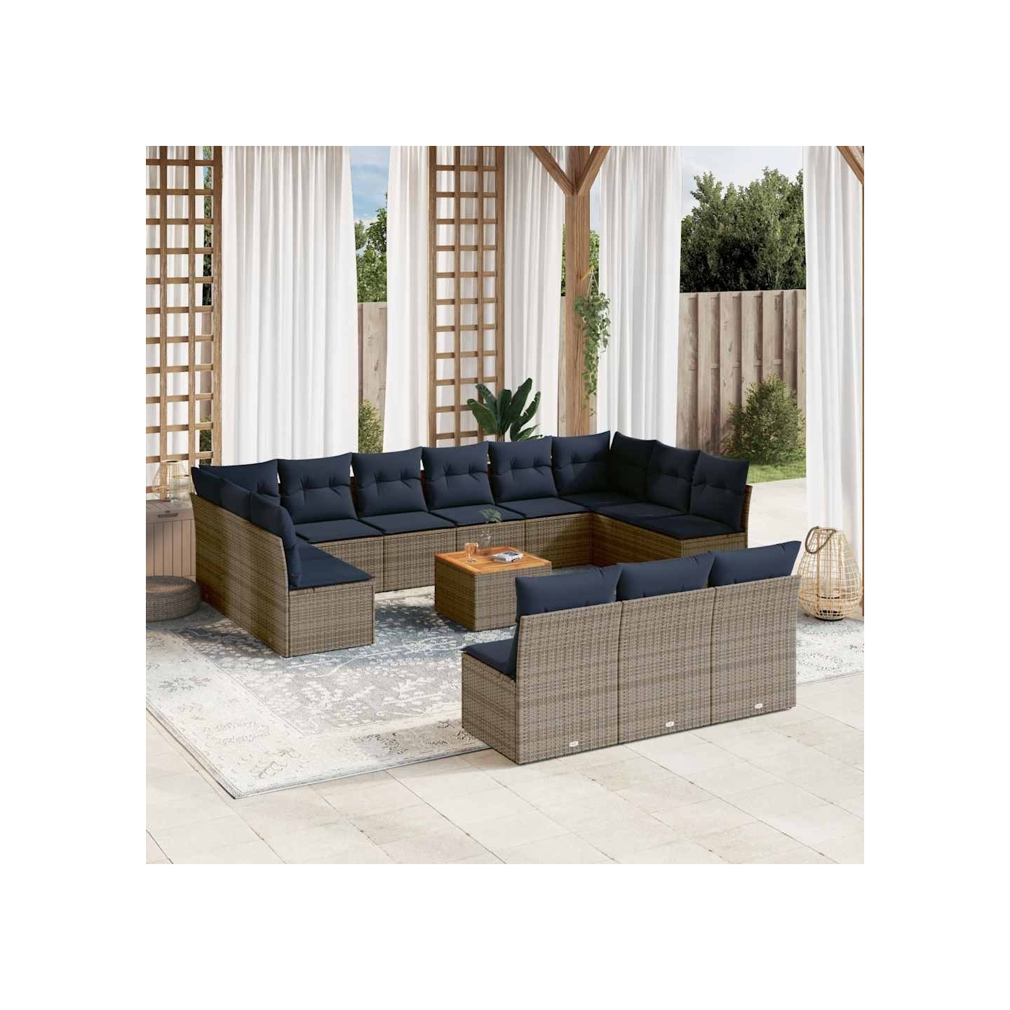 Salon de jardin avec coussins 14 pcs gris résine tressée