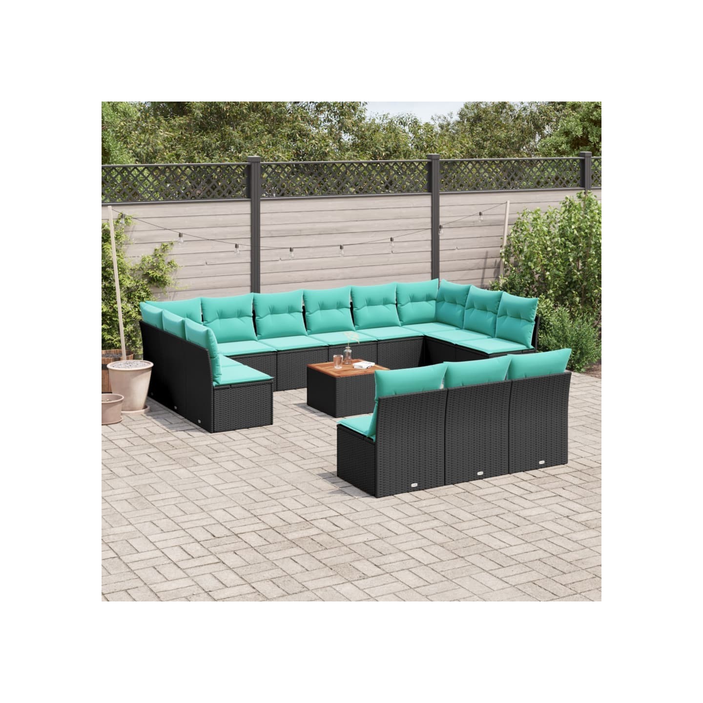 Salon de jardin avec coussins 14 pcs noir résine tressée