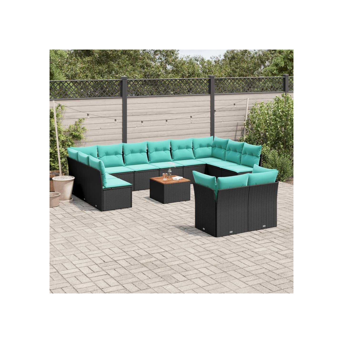 Salon de jardin avec coussins 13 pcs noir résine tressée