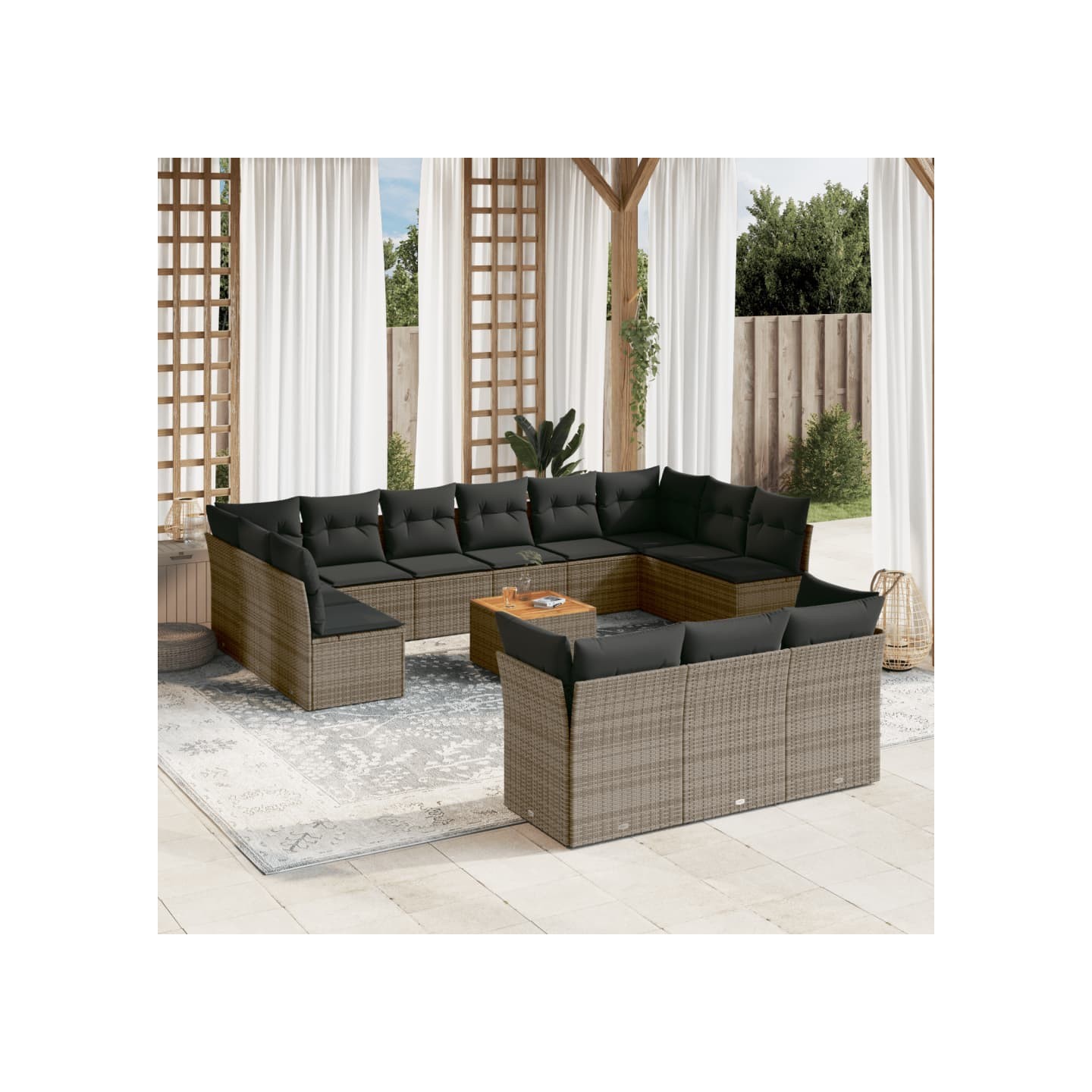 Salon de jardin avec coussins 14 pcs gris résine tressée
