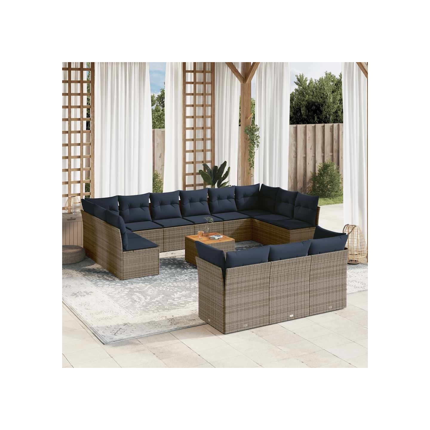 Salon de jardin avec coussins 14 pcs gris résine tressée