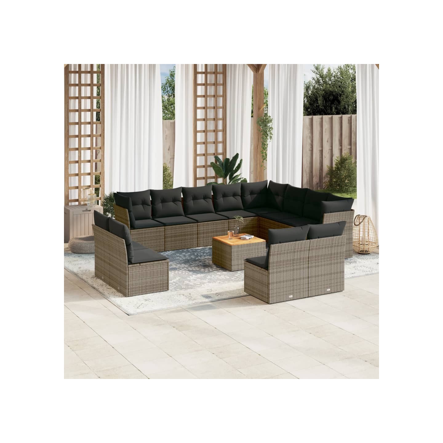 Salon de jardin avec coussins 13 pcs gris résine tressée