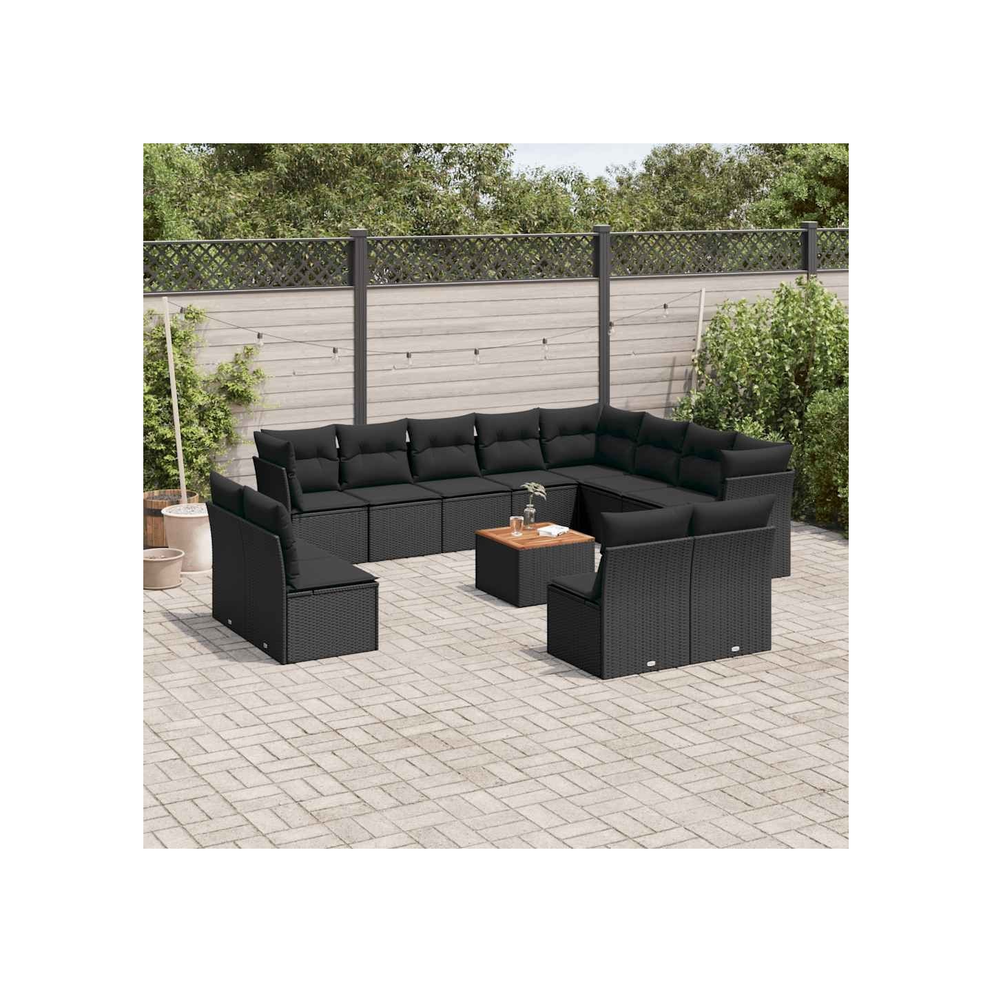 Salon de jardin avec coussins 13 pcs noir résine tressée