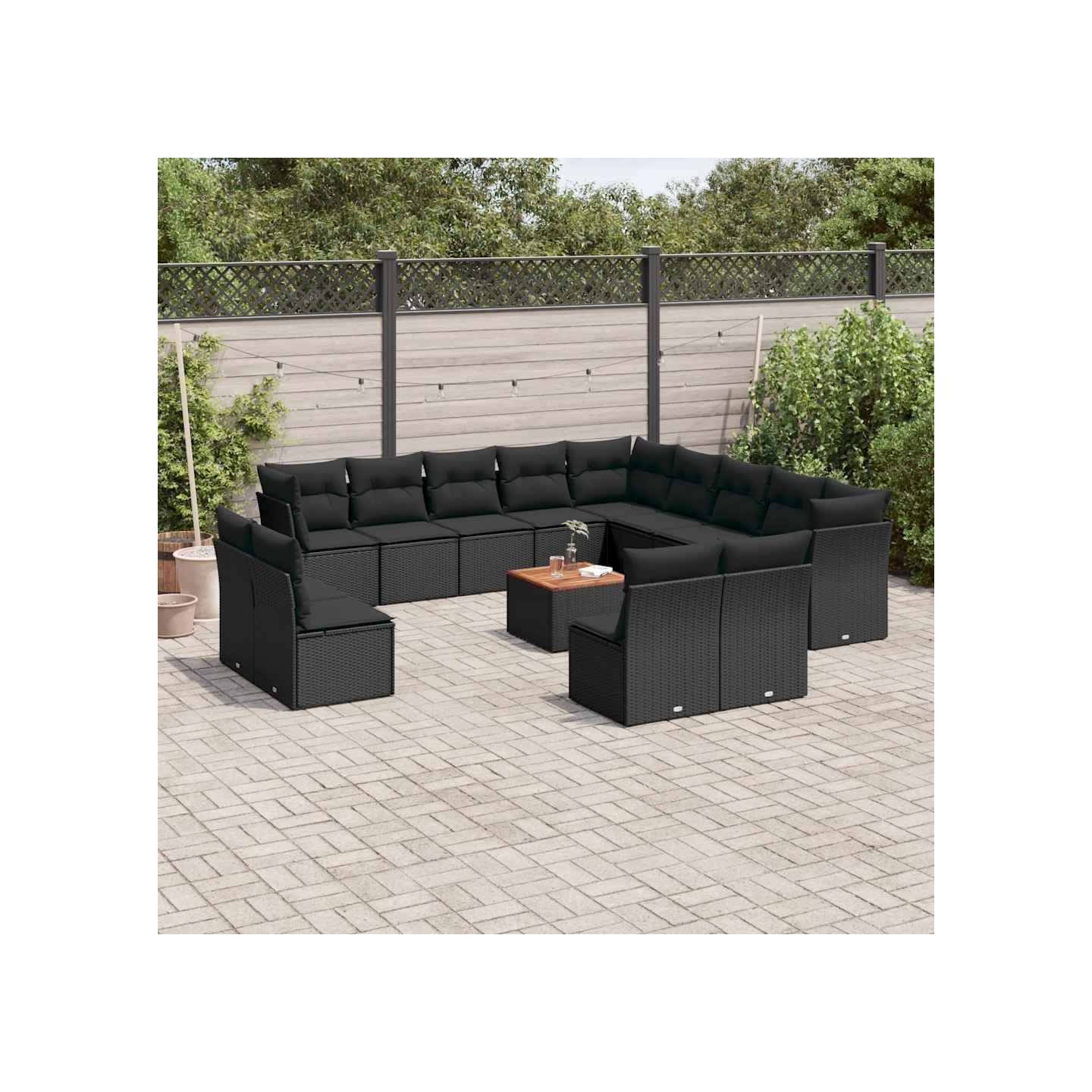 Salon de jardin avec coussins 14 pcs noir résine tressée