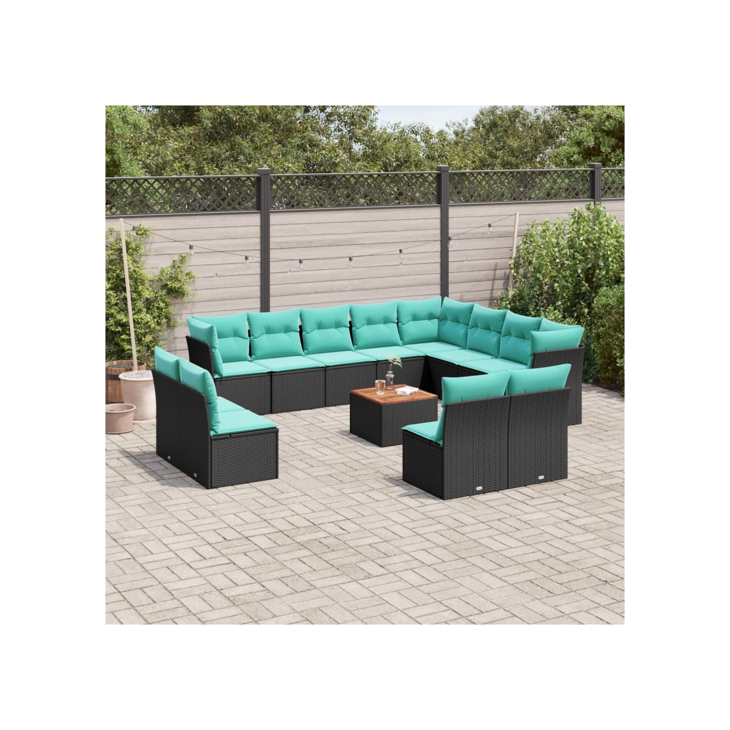 Salon de jardin avec coussins 13 pcs noir résine tressée