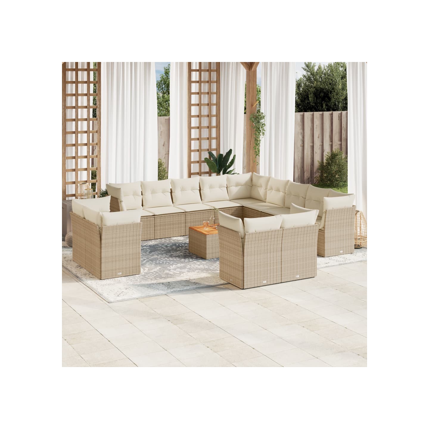 Salon de jardin avec coussins 14 pcs beige résine tressée