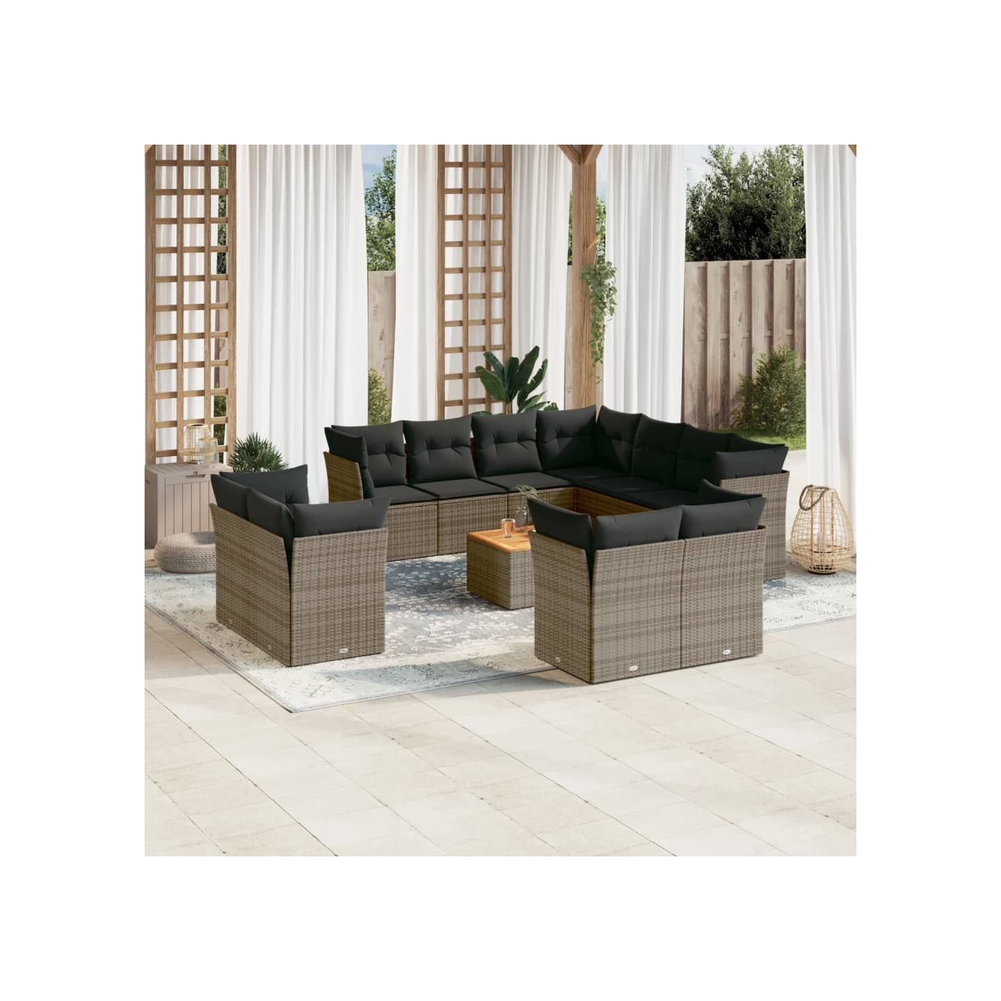 Salon de jardin avec coussins 12 pcs gris résine tressée