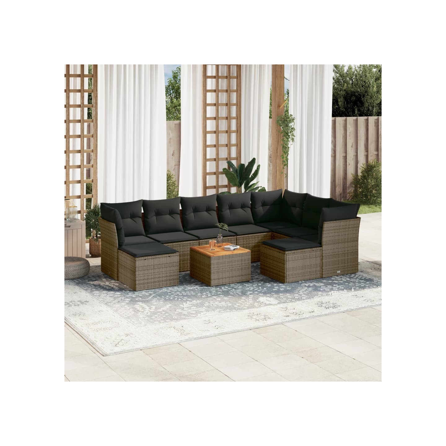 Salon de jardin avec coussins 10 pcs gris résine tressée