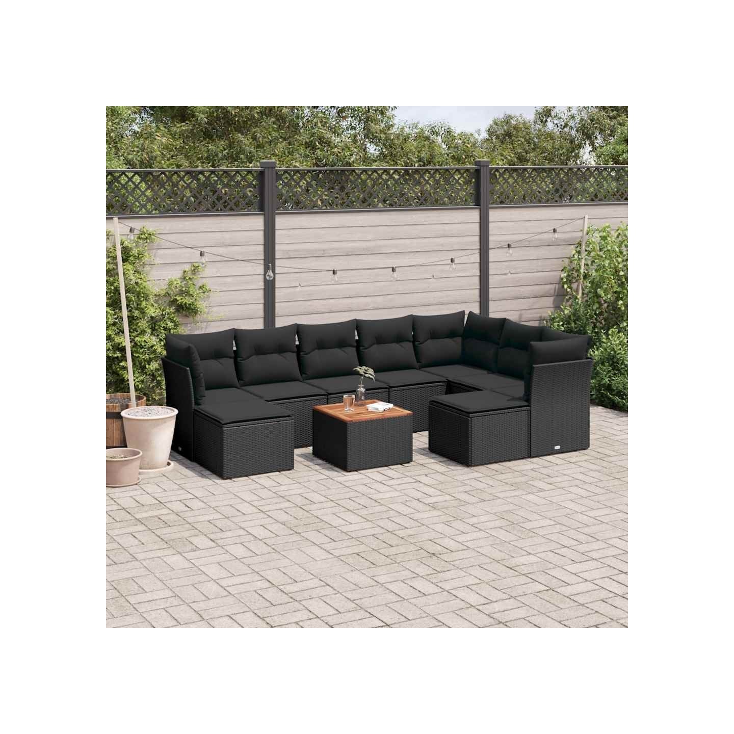 Salon de jardin 10 pcs avec coussins noir résine tressée