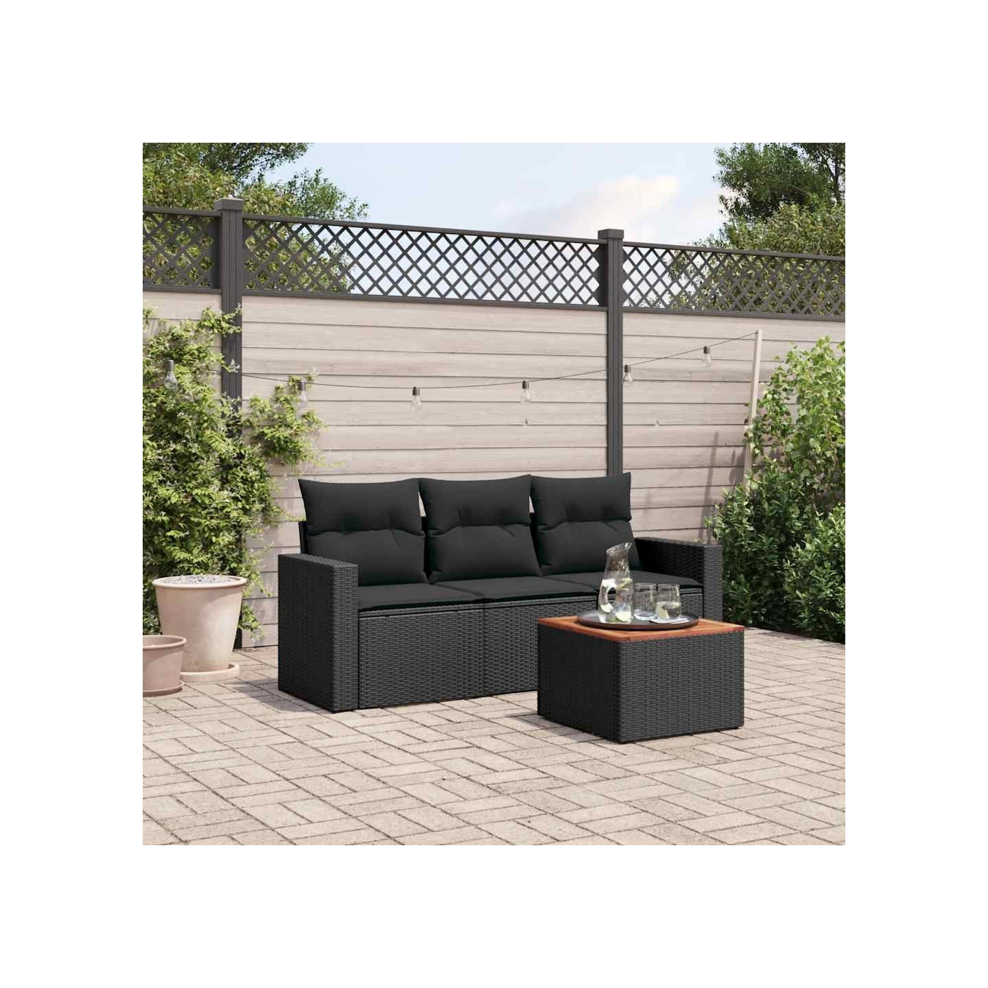 Salon de jardin 4 pcs avec coussins noir résine tressée