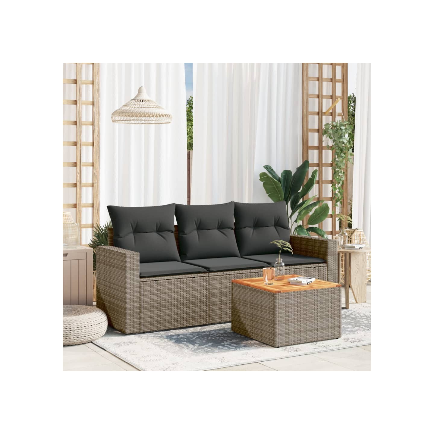 Salon de jardin 4 pcs avec coussins gris résine tressée