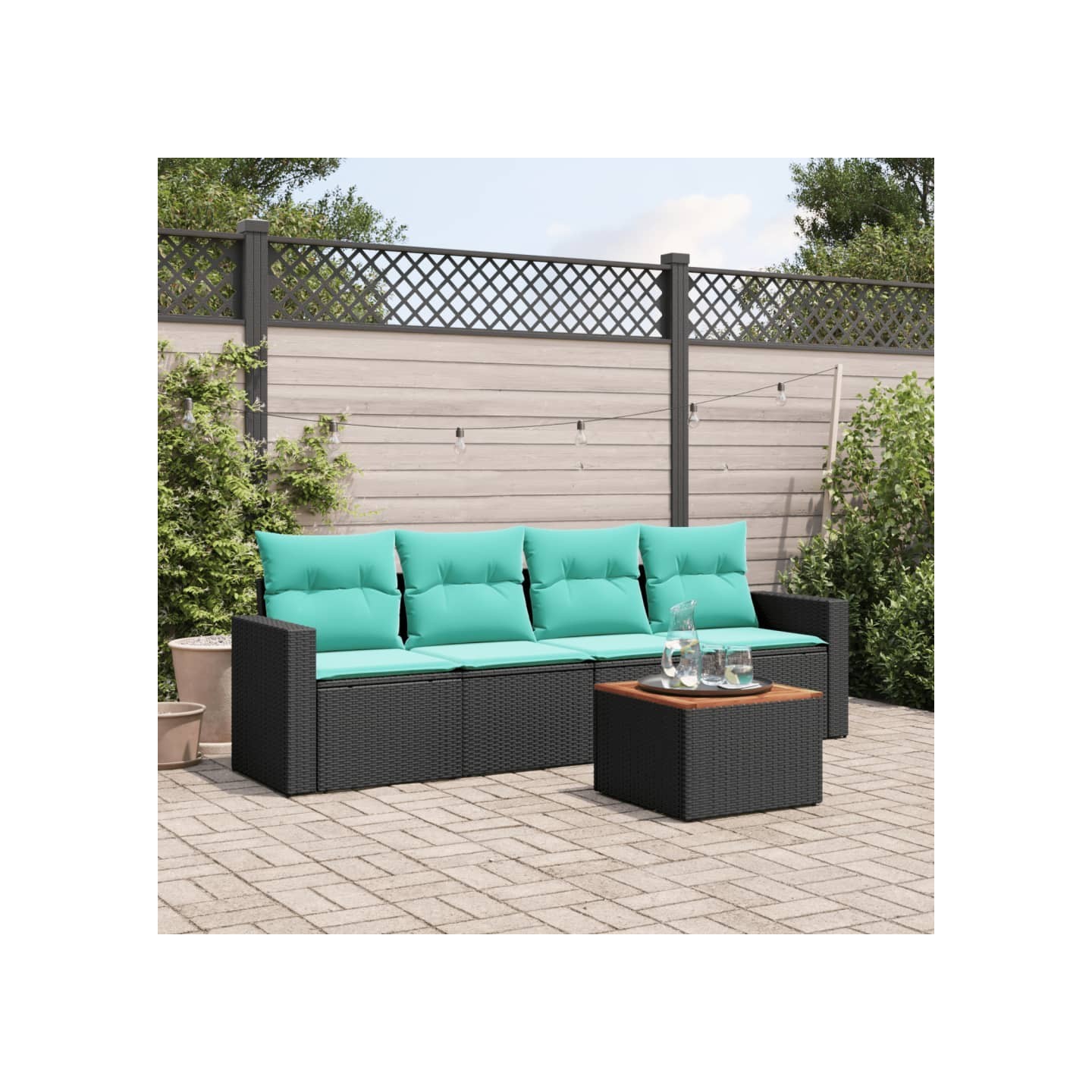 Salon de jardin 5 pcs avec coussins noir résine tressée