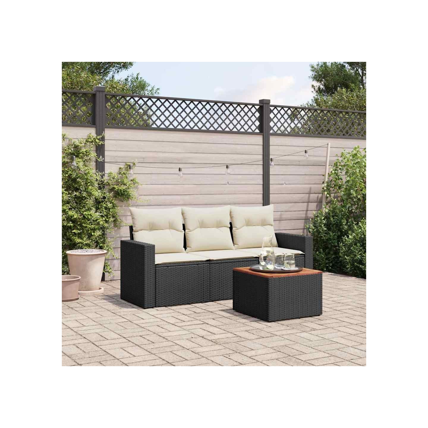 Salon de jardin 4 pcs avec coussins noir résine tressée