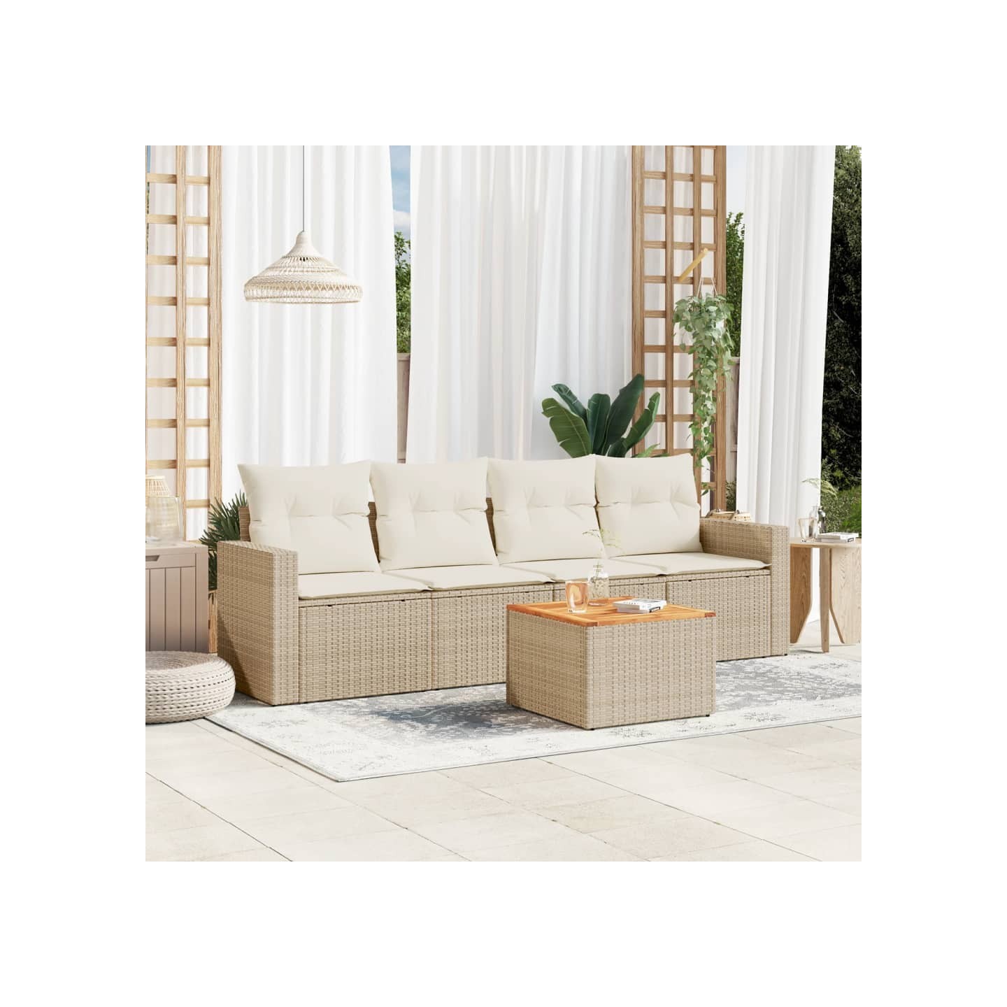 Salon de jardin avec coussins 5 pcs beige résine tressée