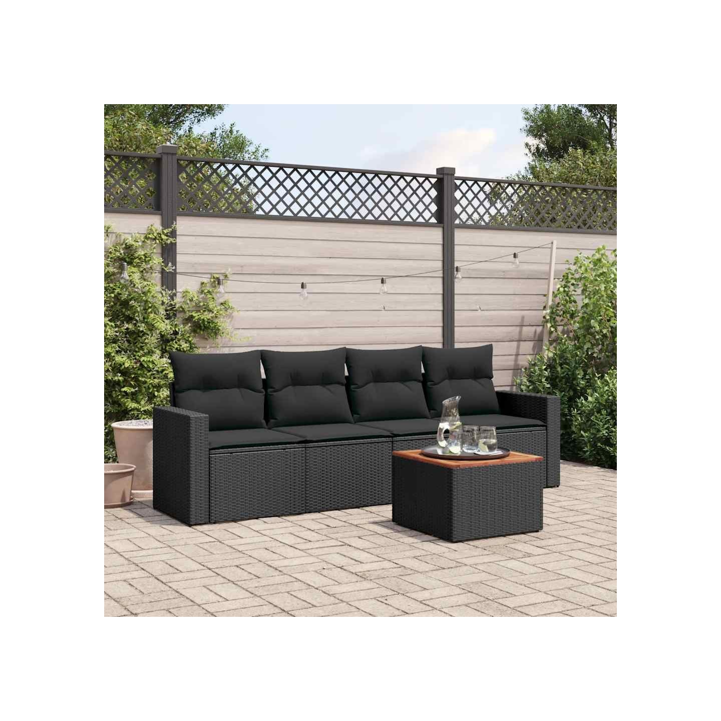 Salon de jardin 5 pcs avec coussins noir résine tressée