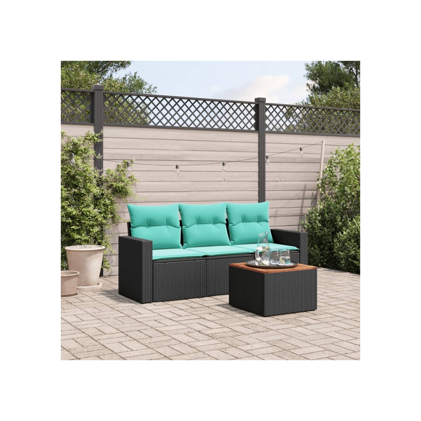 Salon de jardin 4 pcs avec coussins noir résine tressée