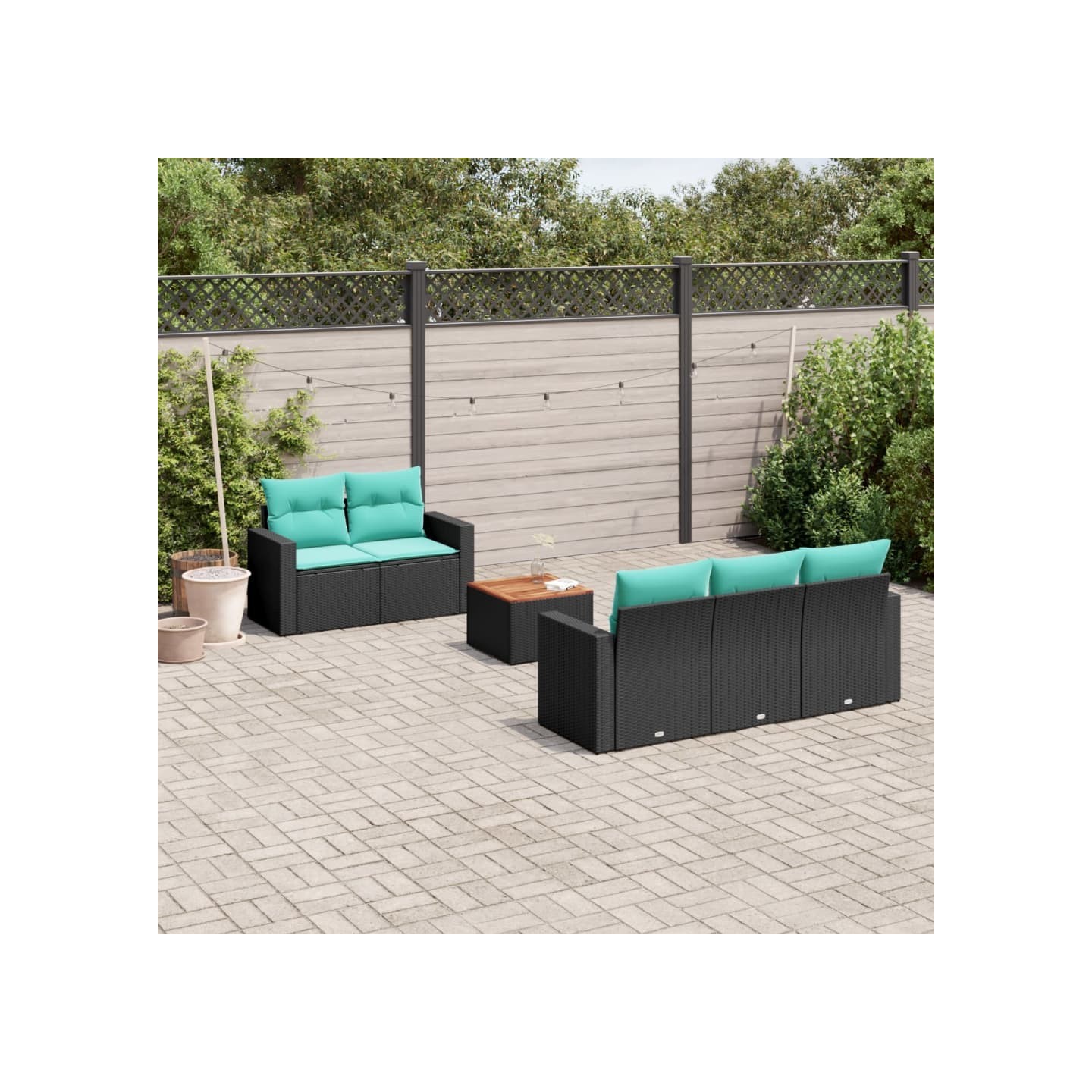 Salon de jardin 6 pcs avec coussins noir résine tressée