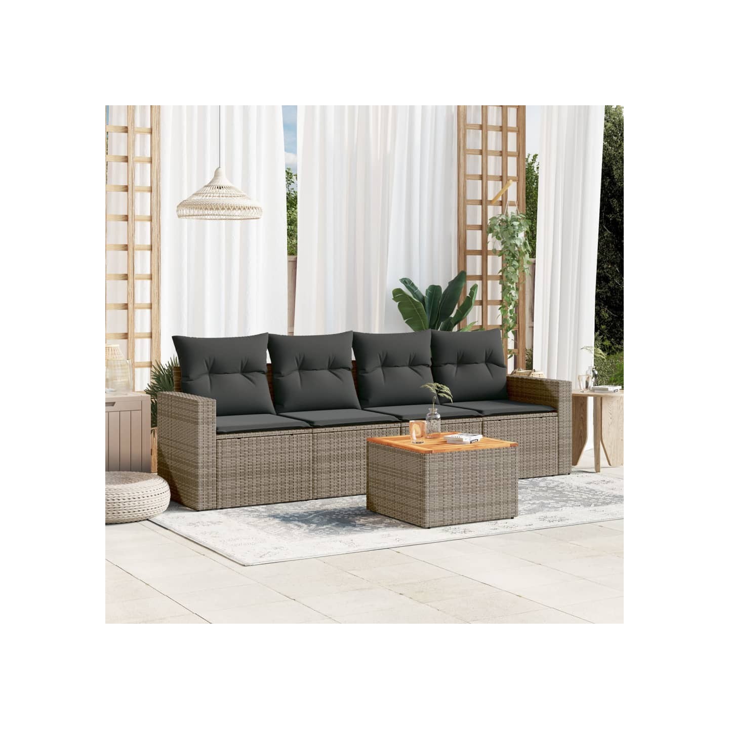 Salon de jardin 5 pcs avec coussins gris résine tressée