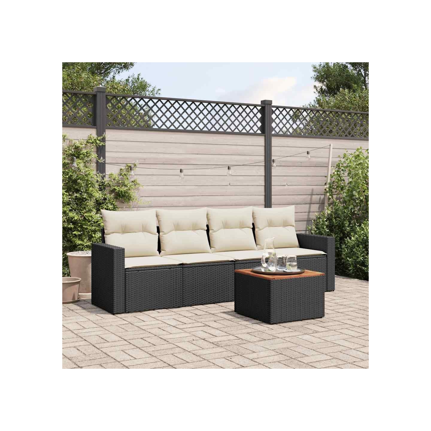 Salon de jardin 5 pcs avec coussins noir résine tressée