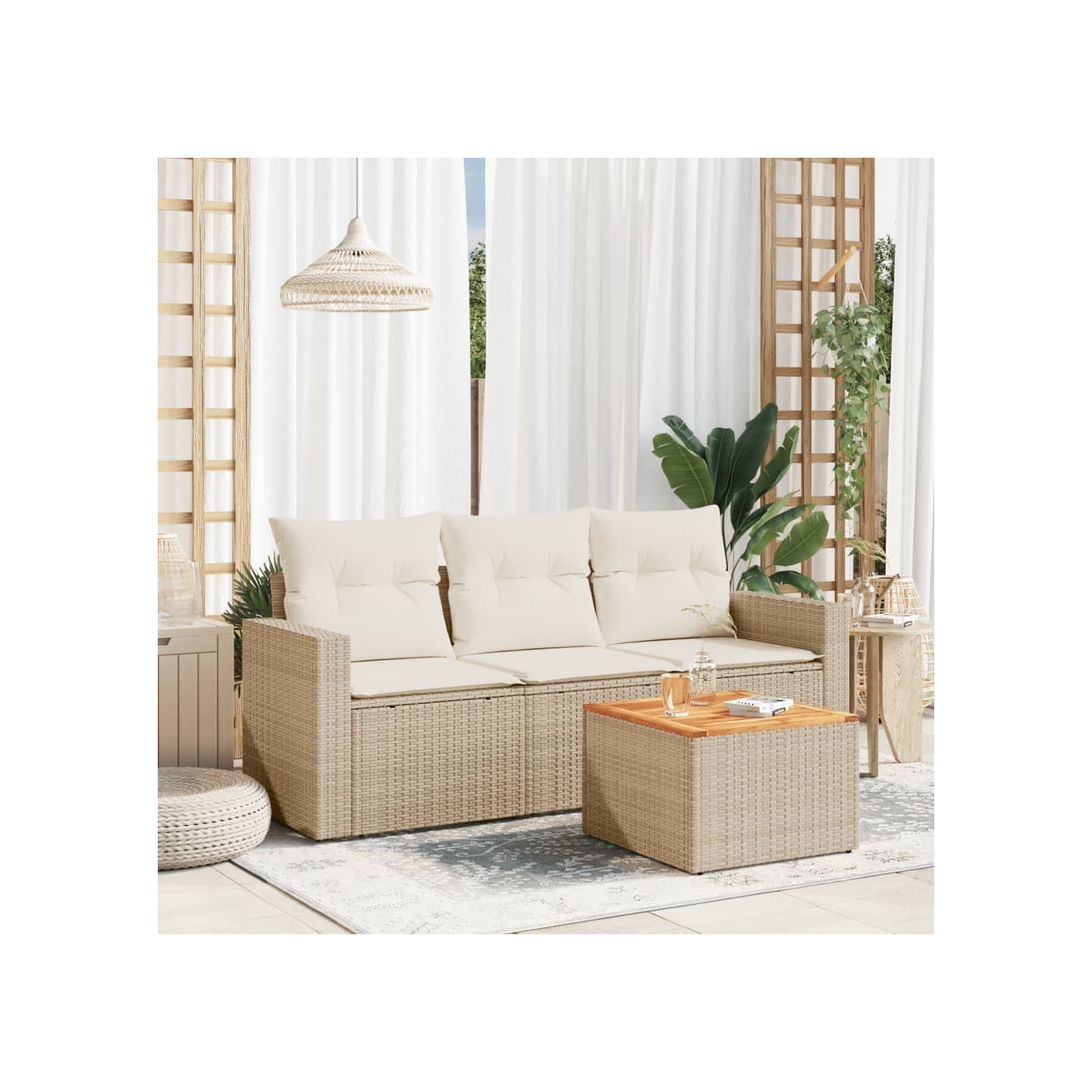 Salon de jardin avec coussins 4 pcs beige résine tressée