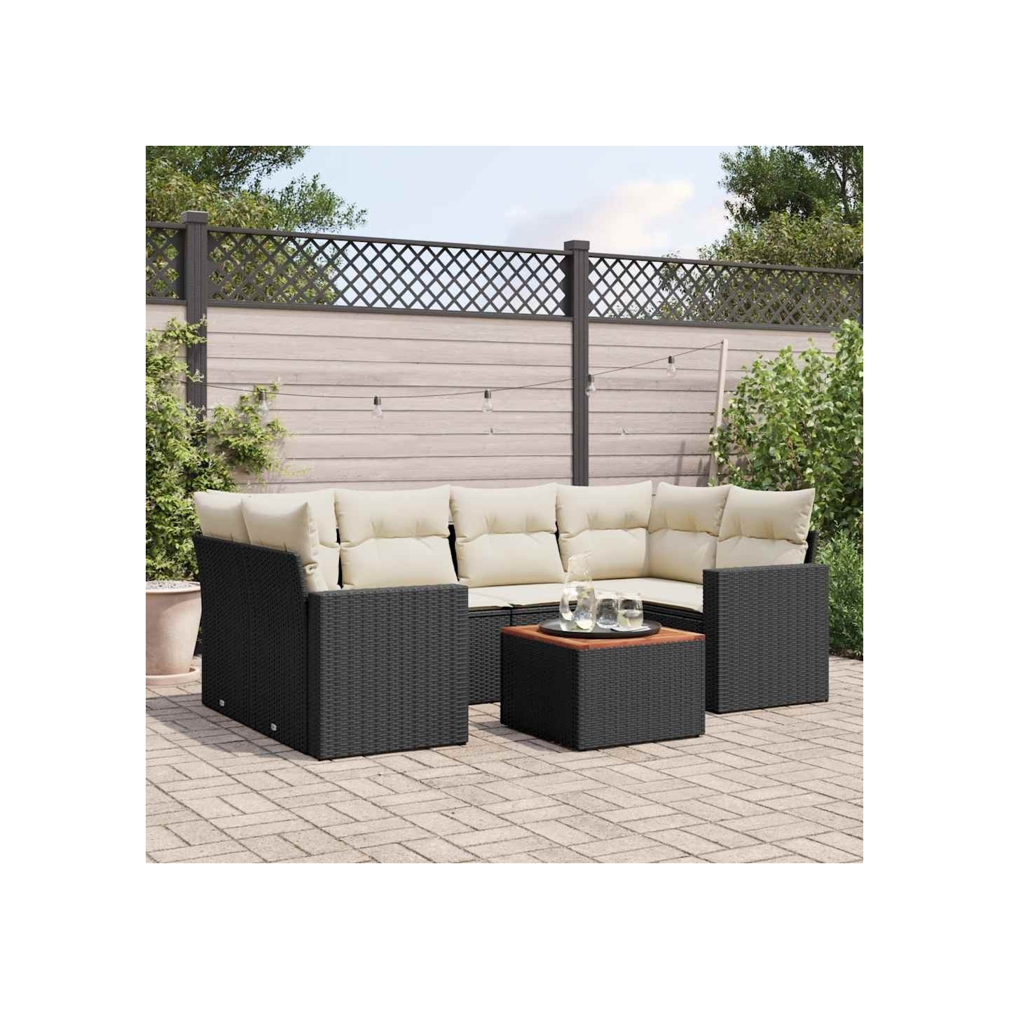 Salon de jardin 7 pcs avec coussins noir résine tressée
