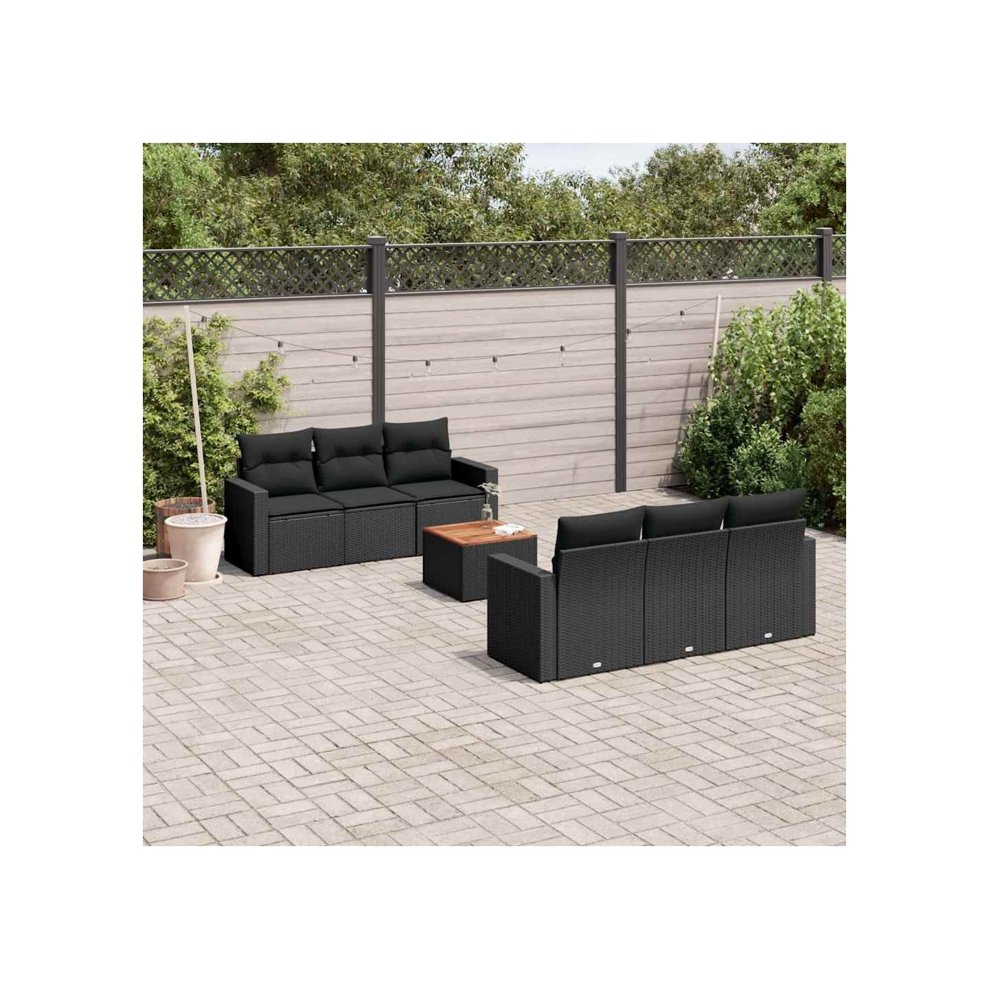 Salon de jardin 7 pcs avec coussins noir résine tressée