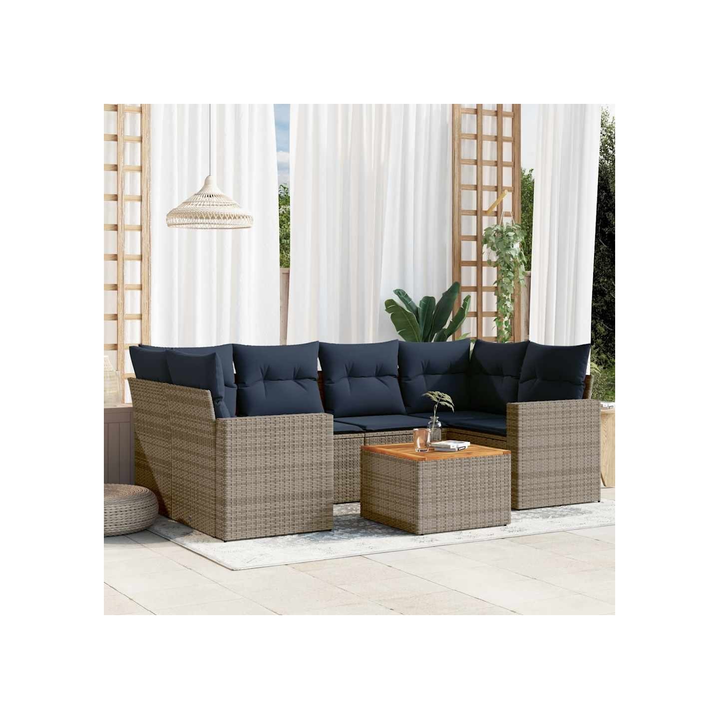 Salon de jardin 7 pcs avec coussins gris résine tressée