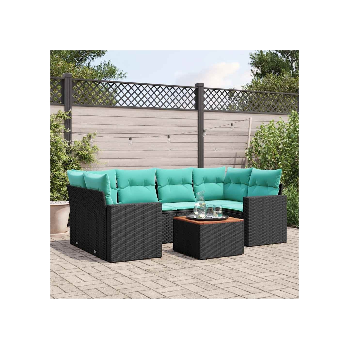 Salon de jardin 7 pcs avec coussins noir résine tressée