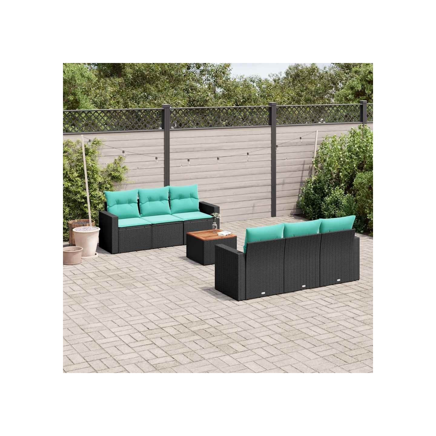 Salon de jardin 7 pcs avec coussins noir résine tressée