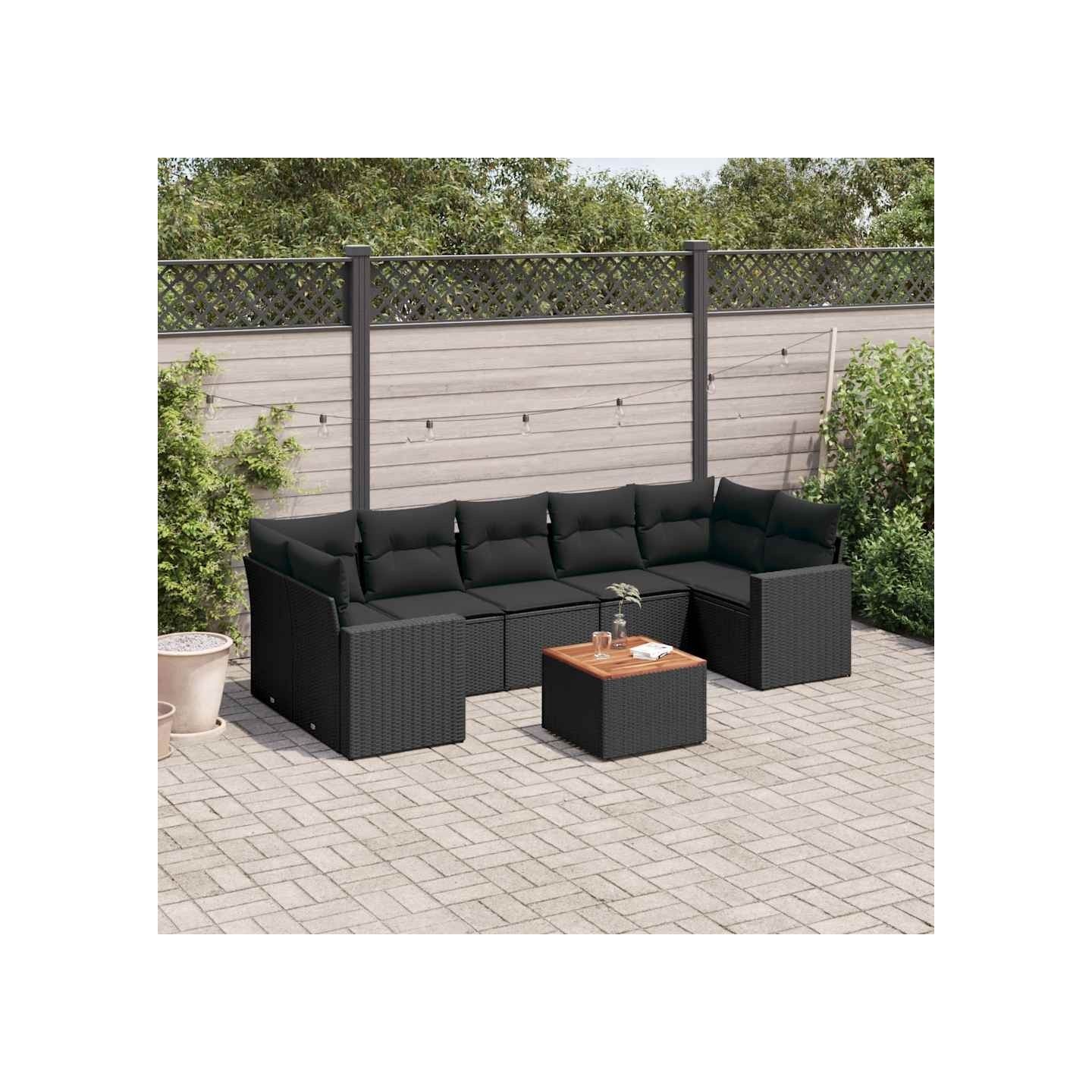 Salon de jardin 8 pcs avec coussins noir résine tressée