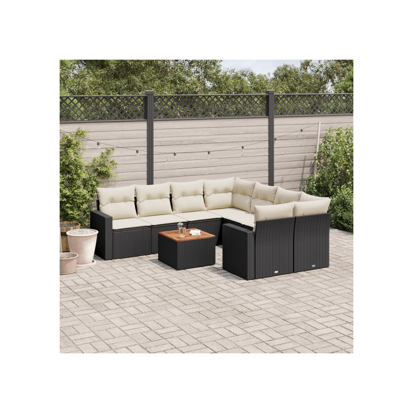 Salon de jardin 9 pcs avec coussins noir résine tressée