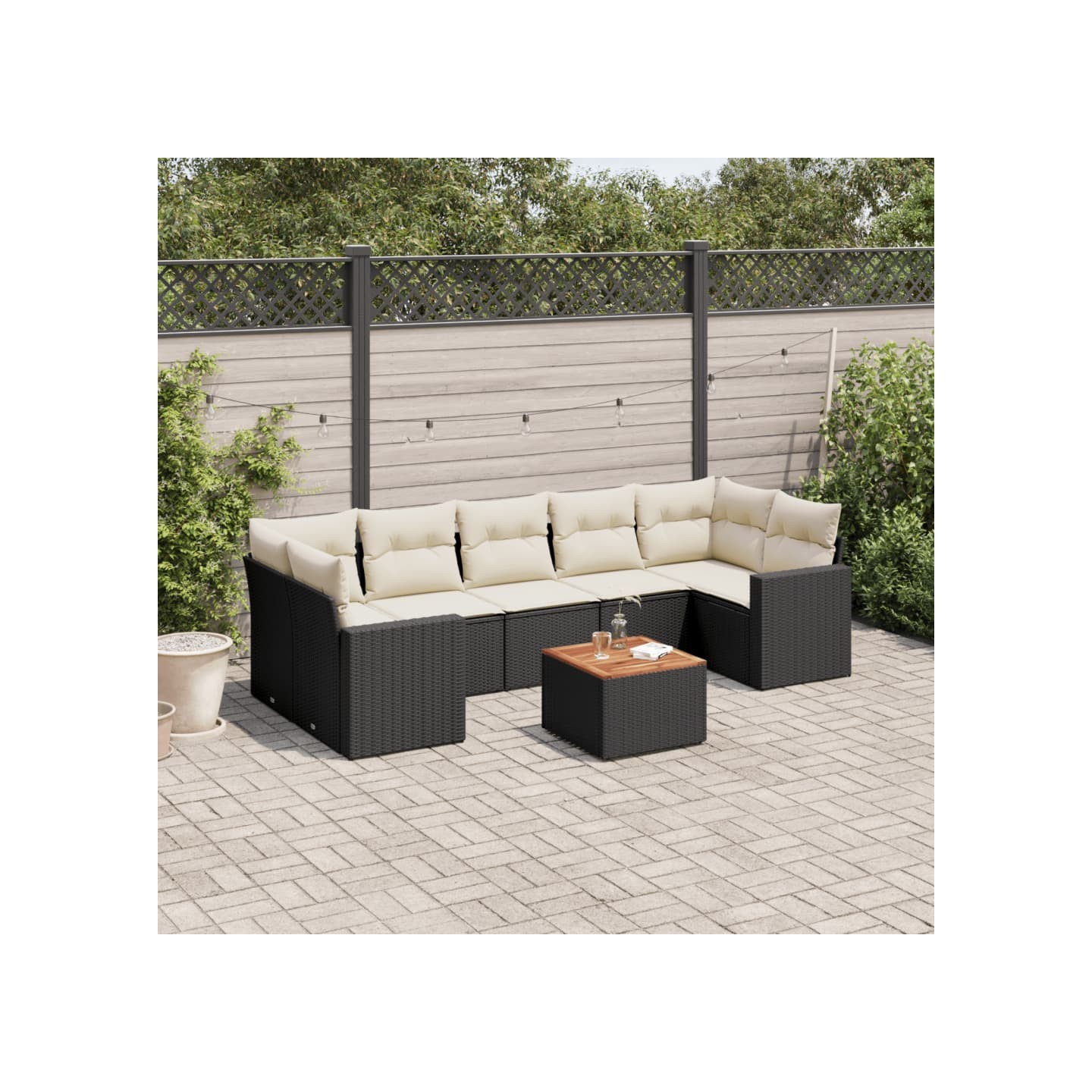 Salon de jardin 8 pcs avec coussins noir résine tressée