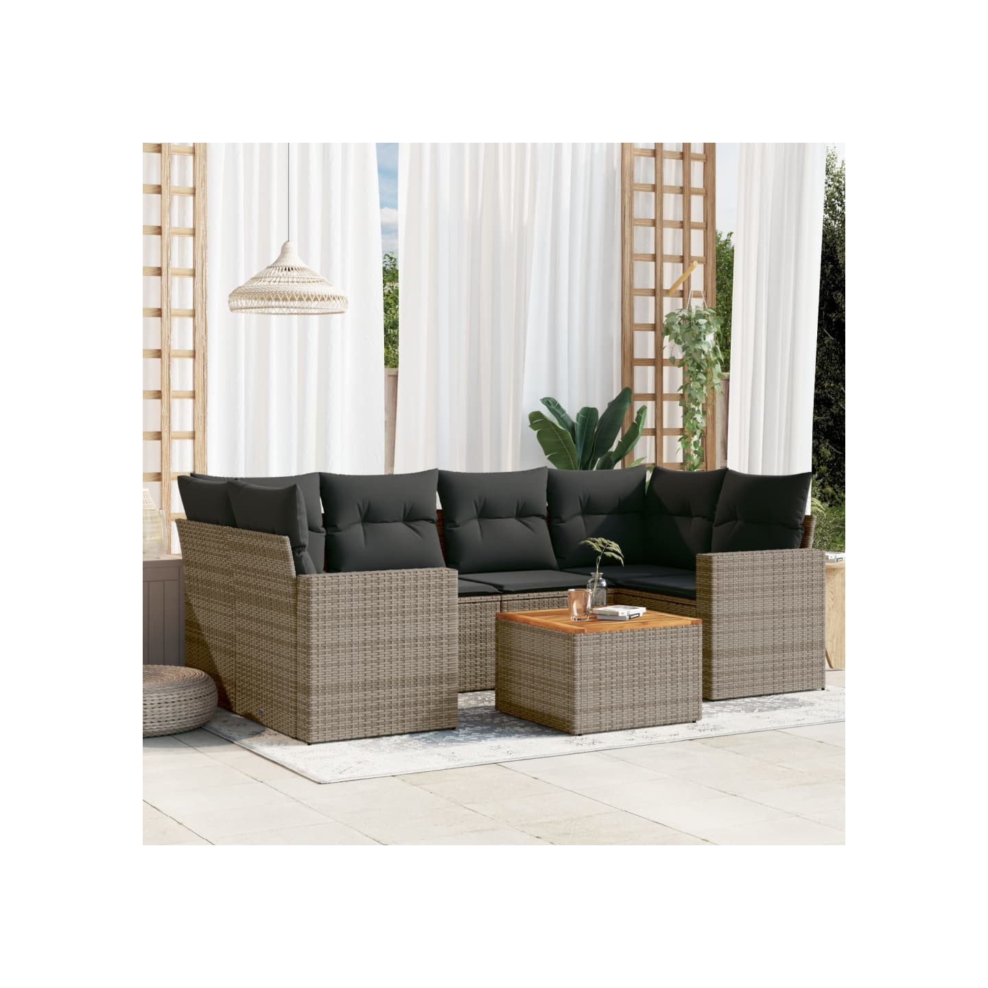 Salon de jardin avec coussins 7 pcs gris résine tressée