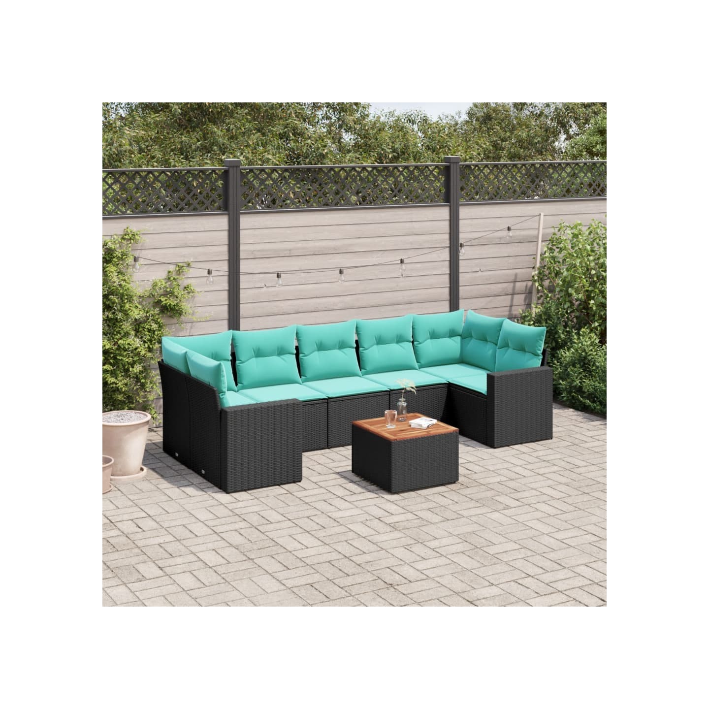 Salon de jardin 8 pcs avec coussins noir résine tressée