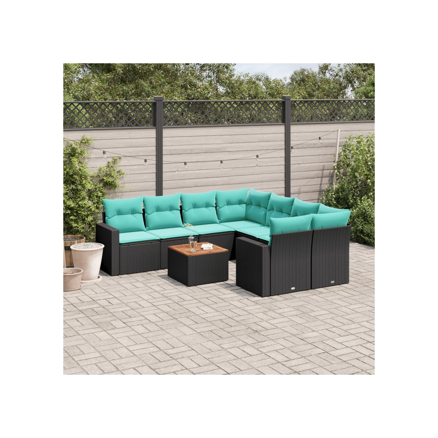 Salon de jardin 9 pcs avec coussins noir résine tressée
