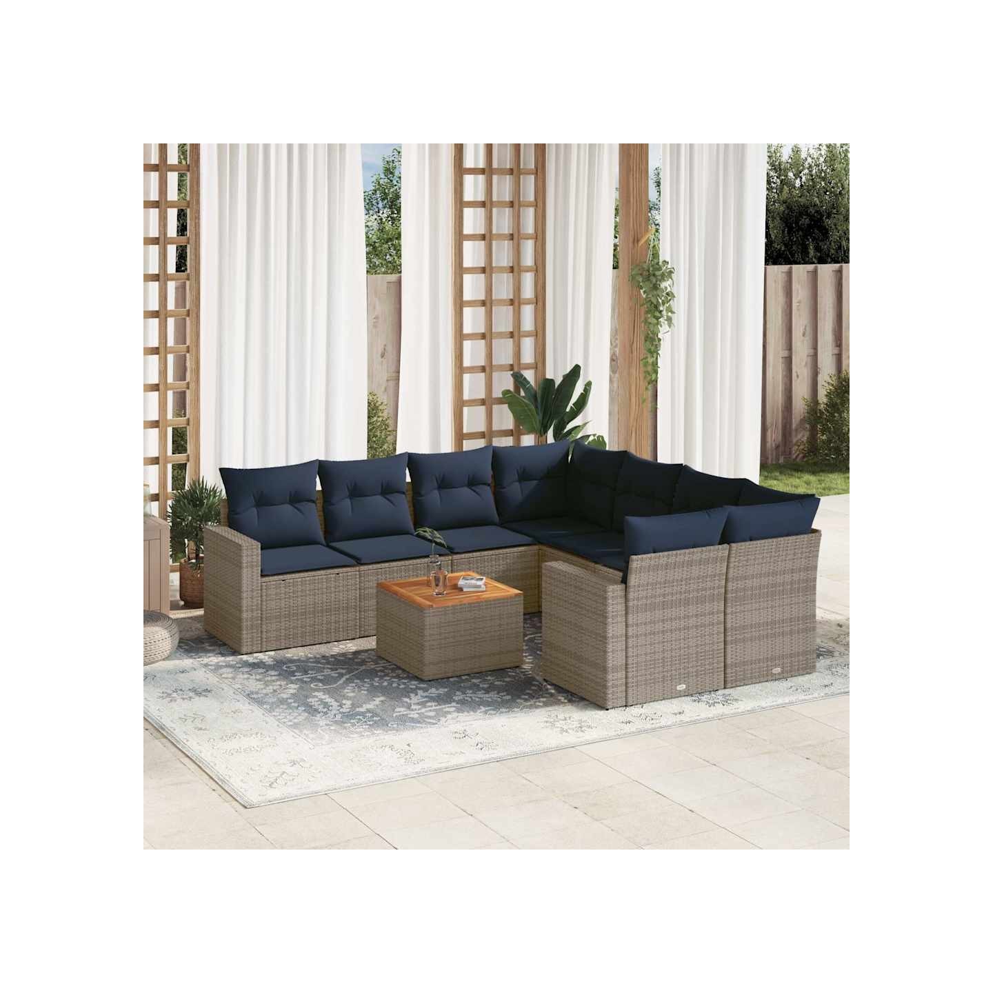 Salon de jardin 9 pcs avec coussins gris résine tressée