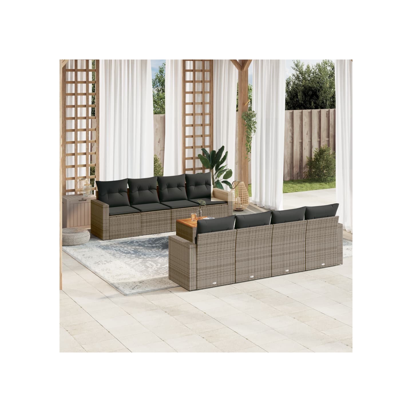 Salon de jardin 9 pcs avec coussins gris résine tressée