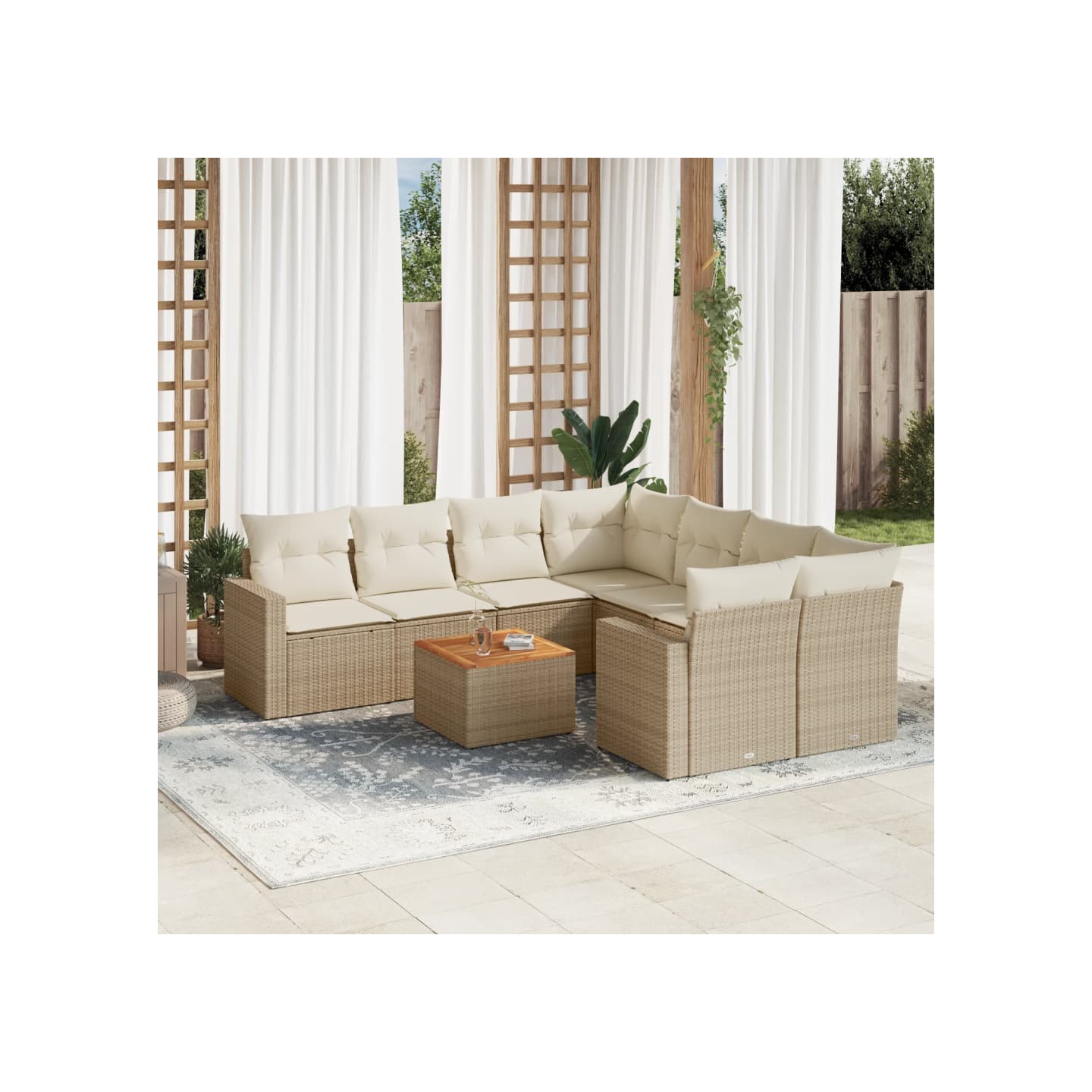 Salon de jardin avec coussins 9 pcs beige résine tressée