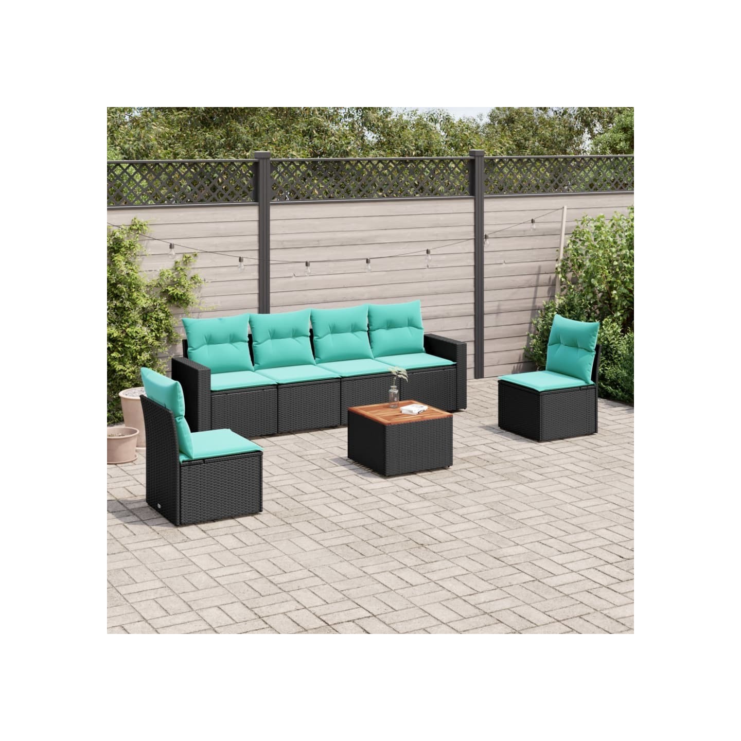 Salon de jardin 7 pcs avec coussins noir résine tressée