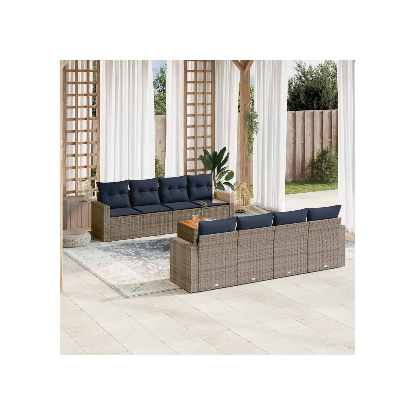Salon de jardin 9 pcs avec coussins gris résine tressée