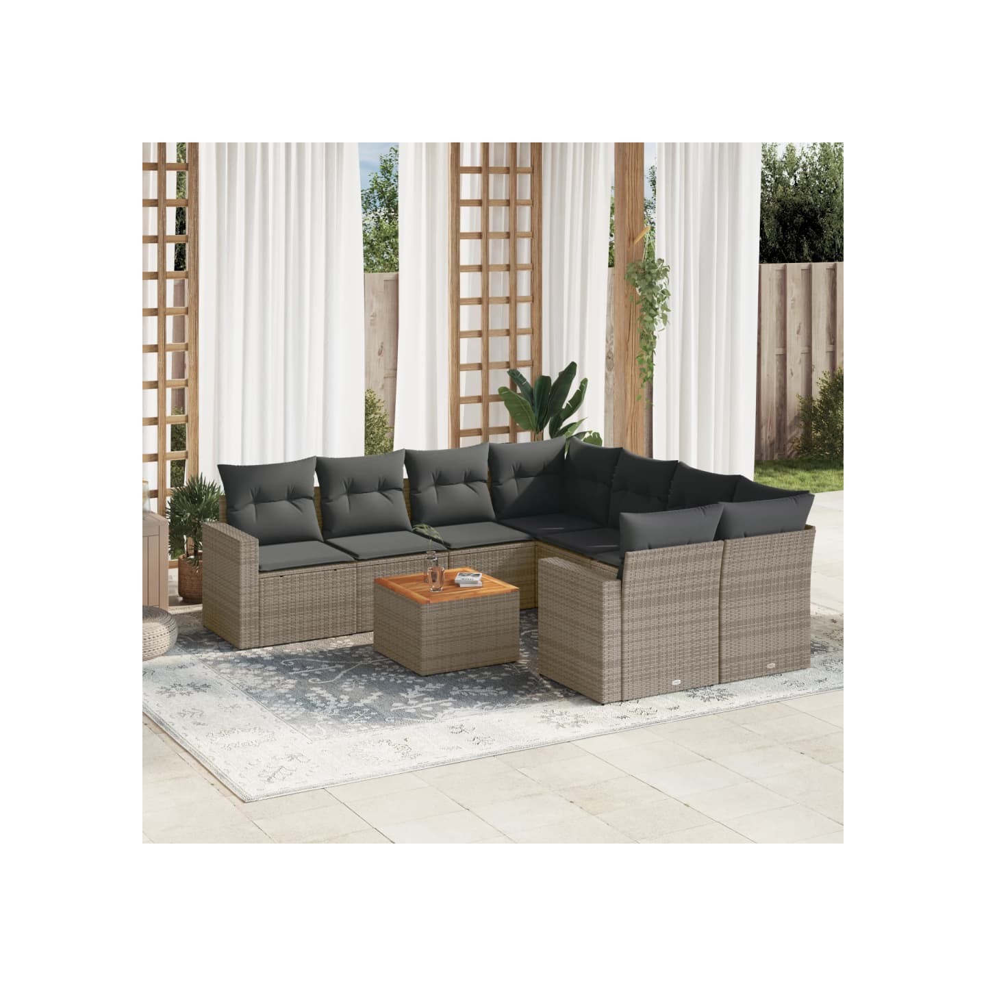 Salon de jardin 9 pcs avec coussins gris résine tressée