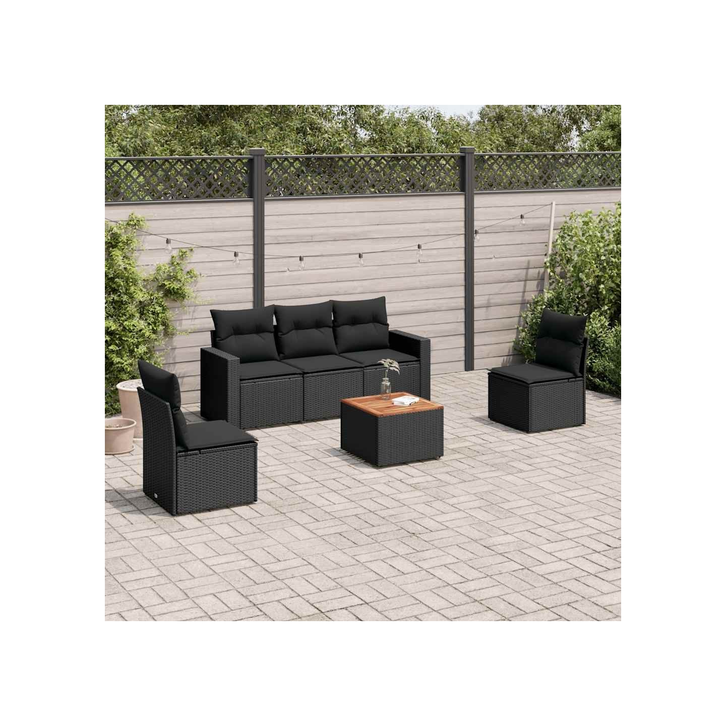 Salon de jardin 6 pcs avec coussins noir résine tressée