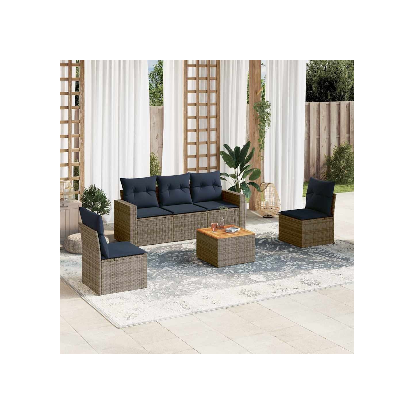 Salon de jardin 6 pcs avec coussins gris résine tressée