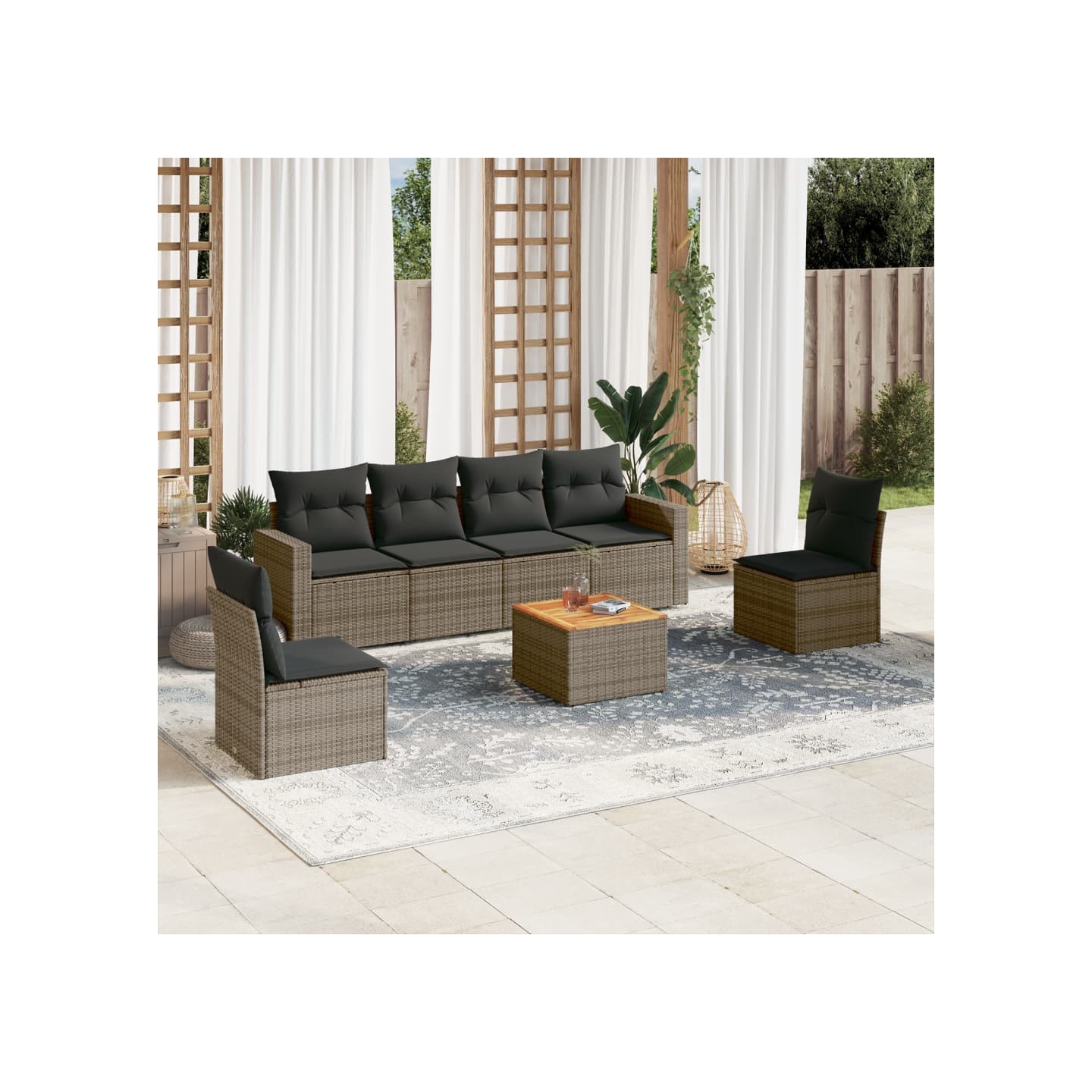 Salon de jardin avec coussins 7 pcs gris résine tressée
