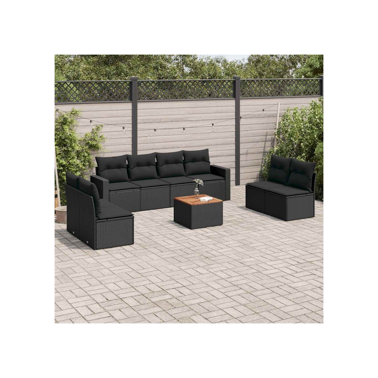 Salon de jardin 9 pcs avec coussins noir résine tressée