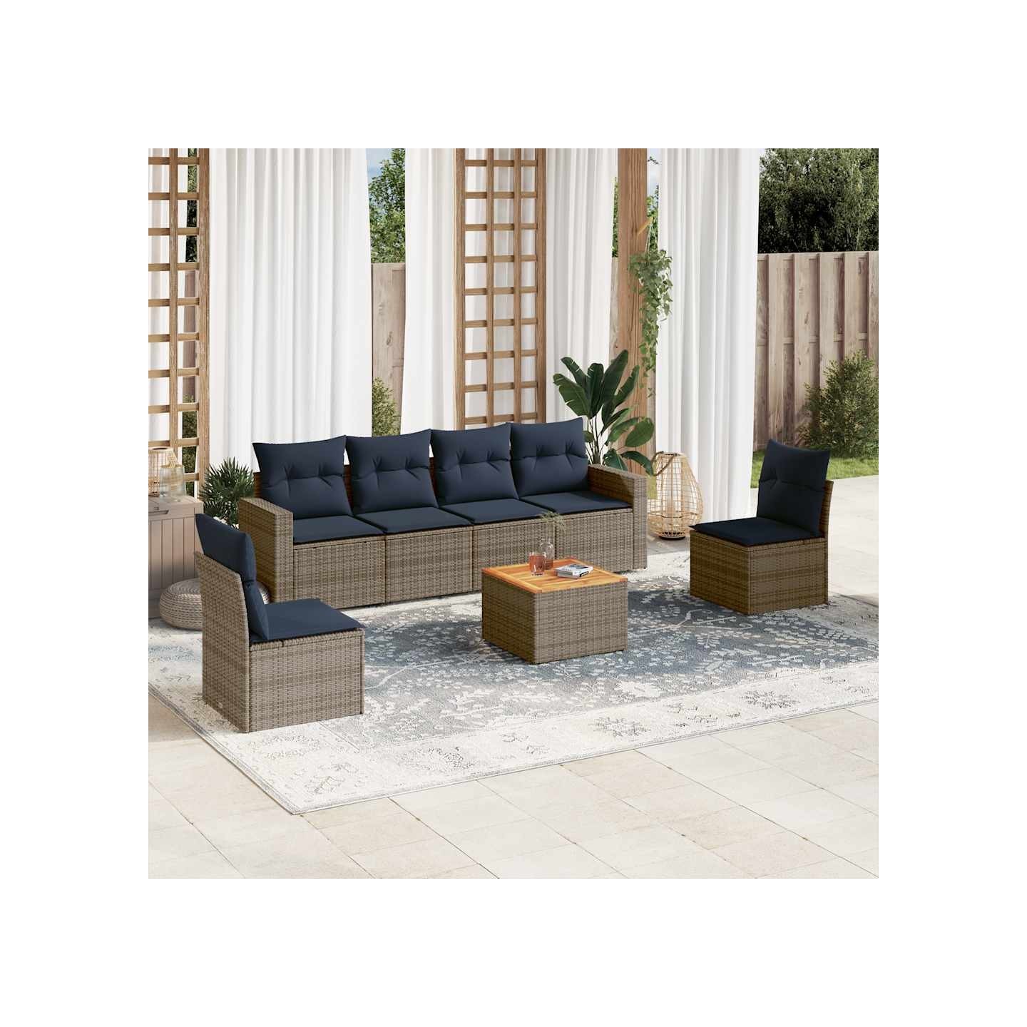 Salon de jardin 7 pcs avec coussins gris résine tressée